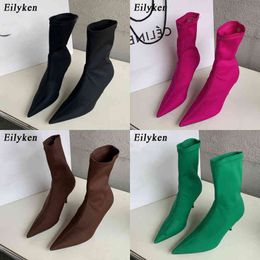 Boots Eilyken 2023 New Spring Autumn Stretch Fabric Women Ankle Boots Sexy Pointed Toe High Heels Fashion Female Socks Pumps Shoes 220913