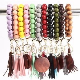 Tassel Beaded Wooden Bracelet Keychains DIY Wood Key Rings Bracelet with Fringe Keychain for Women