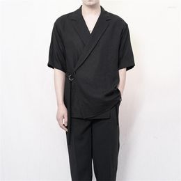 Men's Casual Shirts Summer 2022 Men's Short Sleeve Shirt Double Breasted Dark Linen Loose Trend