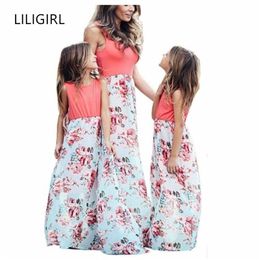 Family Matching Outfits LILIGIRL Sleeveless Mother Daughter Dresses Solid Colour Stitching Print Mommy and Me Dress for Family Matching Clothes Outfits 220914