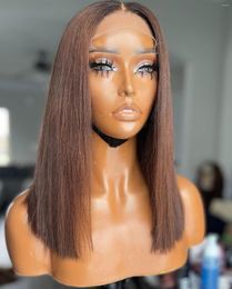 Chocolate Brown Coloured Human Hair Wigs For Women T Part Lace Wig Straight Short Bob Brazilian Remy