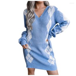 Casual Dresses Women Knitted Pullover Sweater Dress Vintage Elegant Geometric Print Jumper V-neck Long Sleeve Loose Robe Vestidos Mujer