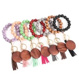 Tassel Beaded Wooden Bracelet Keychains DIY Wood Key Rings Bracelet with Fringe Keychain for Women 13 Colours