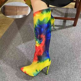 Boots Sexy Party Printed Long Boots Zipper Pointed Toe Fashion Thin High Heel Shoes New Autumn Size43 Socofy Chaussures Femmes 220913