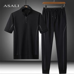 Men's Tracksuits Men's Suit Korean Trousers Suit Clothing Summer Ice Silk Casual Short-sleeved Male Large Size Loose Two-piece Thin Sports 220914