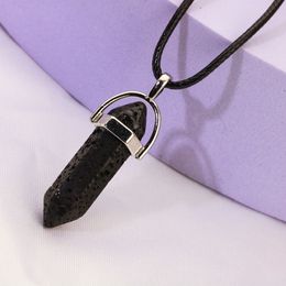 Hexagonal Prism natural Black Lava Stone Necklace Aromatherapy Essential Oil Perfume Diffuser Pendant PU Chain Necklace Women men Jewellery