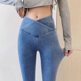 Women's Leggings Women Faux Jeans Woman Summer Thin Denim Pants Cross Waist Abdomen And Buttocks Leggings Elastic Womens Fashion 220914