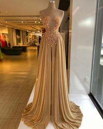 Prom Champagne Lace Sleeveless Strapless V Neck Appliques Sequins Beaded Dresses Sexy Floor Length Evening Dress Party Gowns Plus Size Custom Made