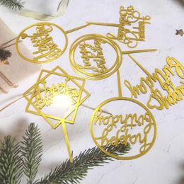 Festive Supplies 6Pcs Acrylic Cake Insert Sign Topper Golden Decoration Happy Birthday Text Party Baking Pastry Tools