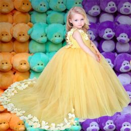 Girl Dresses Yellow Tulle Flower Girls' Pageant With Handmade Flowers Baby Party Wear Princess First Communion Gowns