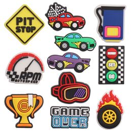 MOQ 20Pcs PVC Trophy Pit Stop Racing Car Ready Set Go Game Over Shoe Charms Accessories for Wristband Decorations Buckle Ornaments