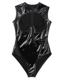 Women One-piece Catsuit Costumes Wetlook Teddy PVC Faux Leather Lingerie Sleeveless Open Bust High Cut Teddy Bodysuit Nightwear Sexy Clubwear