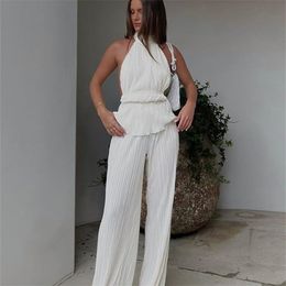 Women's Two Piece Pants Clacive Sexy Backless Tank Top Set Woman 2 Piece Summer White Pleated Trouser Suits Female Elegant High Waist Wide Pants Set 220913