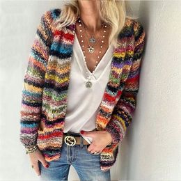 Women's Knits Tees Women Elegant Multicolor Print Knitted Cardigans Sweater Autumn Winter Long Sleeve Coat Tops Ladies Casual Pocket Sweaters 220914