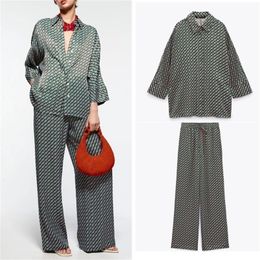 Women's Two Piece Pants PB ZA Summer Women's Geometric Pattern Print Long-sleeved Button-down Shirt Ethnic Style High Waist Straight Trousers Suit 220913