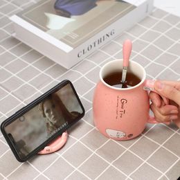 Mugs Mug Milk Cup Coffee Breakfast Holder Ceramic With Lid Spoon Cute Female Student Cartoon Mobile Phone KEDICAT