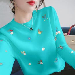 Women's Knits Tees Small Daisy Embroidered Spring Round Neck Sweater Top Inner Wear Sweater Women 220914
