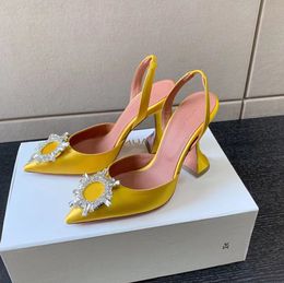 Amina muaddi Begum Luxury Designer Satin Pumps shoes Crystal-Embellished buckle stain spool Heels sandals women's Dress shoe Evening Slingback With box