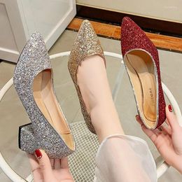 Dress Shoes Big Size Woman Wedding Bridal Bling Pumps Silver High Heels Sequined Pointed Toe Boat Ladies Red 8969L