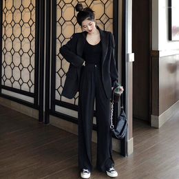 Women's Two Piece Pants Women 2022 Autumn Office Two-Piece Suits Female Solid Color Blazer Ladies Casual Loose Wide Leg Work Clothes Sets