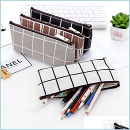 Pencil Bags Canvas Geometric Pencil Case School Simple Striped Grid Cute Kawaii Bag Pouch Office Students Kids Supplies Drop Delivery Dhovu