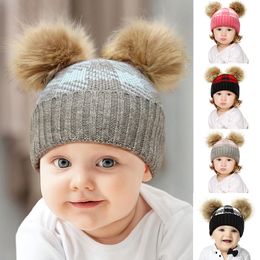 Winter Hats For Baby Girl Boy Bobble Hat Kids Cap for Children Knitted Cheques Pompom Toddler Beanie Infant Bonnet With Double Fur Ball 0-2Y
