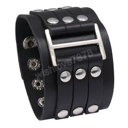 Rivet Wide Leather Bracelets Cuff Multilayer Wrap Button Adjustable Bracelet Wristand for men women Fashion jewelry black