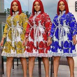 Ethnic Clothing 2022 Flower Print African Clothes For Women Fashion Dress Long Sleeve Sexy Stand Collar Mid Skirt Evening Dresses Large Size