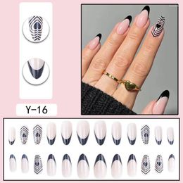 False Nails 24PCS Long French Style With Black Trim Teardrop Shape Fingernail Reusable ABS Easy To Wear Manicure DEC889