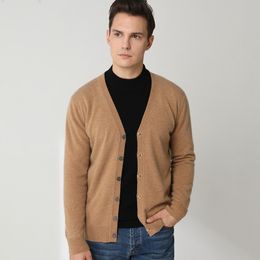 Men's Wool Blends Top Grade Man Cardigans 100% Pure Goat Cashmere Knitted Jackets Winter Autumn Vneck Long Sleeve Jumpers 8Colors Sweater 220915