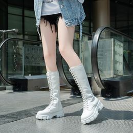 2023 New Knee High Long Thicken Knight Boots Square Platfrom Heel Boots Winter Women Retro Thick Motorcycle Black White