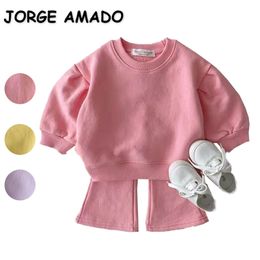 Clothing Sets Korean Spring Baby Girls Boy Long Sleeves Round Collar Candy Colour SweatshirtBoot Cut Pants born Clothes E3822 220915