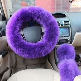 Steering Wheel Covers 3pcs Cover Car Decoration Handbrake Interior Protector Set Wool 36-38cm