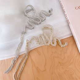 Irregular Curve Line Shiny Hair Claws Rhinestone Long Tassel Metal Clmaps for Hair Accessories Women Back Head Grab Clip