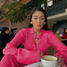 Women's Knits Tees Sweater Solid Colour Suits Women Matching Sets Oversize Fleece Pants Roll Collar Knitted Top Flare sleeve Lazy Urban Style 220915