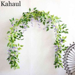 Faux Floral Greenery 200Cm White Wisteria Artificial Flowers Garland Vine With Green Leaves For Wedding Arch Home Door Party Decoration Fake Flowers J220906