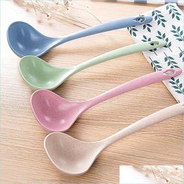 Cooking Utensils 4 Colours Tableware Wheat St Rice Ladle Long Handle Soup Spoon Meal Dinner Scoops Kitchen Supplies Cooking Tool Drop Dhfwa