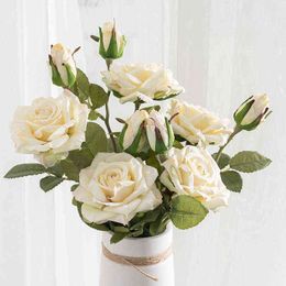 Faux Floral Greenery 47Cm White Rose Artificial Flowers Bouquet Silk Large Flower Head With Bud Autumn Home Wedding Decoration Fall Fake Flower Branch J220906