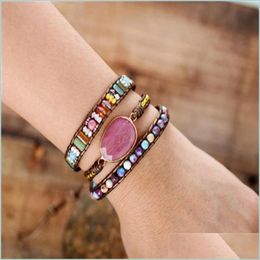 Link Chain Link Selling Leather Wrapped Bracelet Red Stone Natural Crystal Beads Weaving Art Jewellery Gifts 458 Z2 Drop Delivery 2021 Dhecf