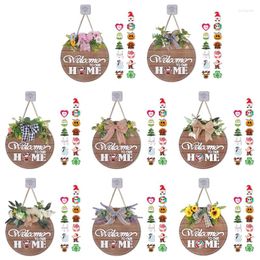 Decorative Flowers Interchangeable Round Wooden Sign For Front Door Decor With 13 Seasonal Pieces Aritficial Flower Bowknot Hanging Plaque