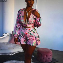 Women's Tracksuits CM.YAYA Summer Women Set Beach Bohe Floral Print Tops Shorts Sexy Night Club Party Street Two Piece Suit Outfits