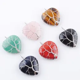 Natural Stone Beads Tree of Life Pendants Silvers Colour Wire Wrap Weave Charms Reiki Love Heart Jewellery BN362