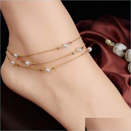 Anklets Vintage Pearl Anklet Chain Beaded Mti Layers Ankle Bracelet Beach Jewelry Womans Accesories Anklets Ladies Ornaments 3 5Lqa Y Dhrwe