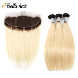 Blonde Ombre Hair Bundles With Lace Frontal 13x4 Brazilian Virgin Hair Silky Straight Double Weft Extensions Wefts 1b/#613