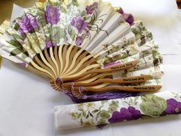 Party Favour 50 Pcs Printed Personalised Delicate Packaging Japanese Flower Floral Fabric Folding Hand Fan Wedding Favours