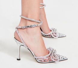 Luxurys Dress Shoes Women Pumps Sandals Shoes High Heels Glitter Rhinestones Crystal Bowknot Satin 2Summer Transparent Party Prom Designer Size 34-43