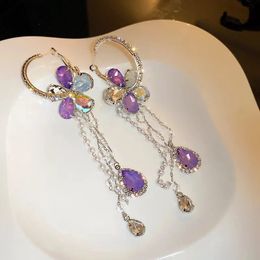 Dangle & Chandelier Korean Flower Drop Women Earrings 2021 Trend Ladies Fashion Purple Crystal Chain Tassel Summer Holiday Brincos Jewelry