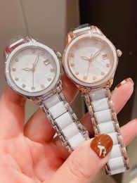 Brand Classic Sapphire Quartz Watch Natural Mother of Pearl Dial Women Stainless Steel Calendar Wristwatch Female White Ceramic Strap Clock Waterproof 33mm