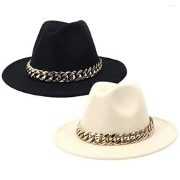 Berets Fashion Wide Brim Fedora Hat With Chain Big Luxury Thick Flat Top Felt Jazz For Women Gentleman Outdoors Travel