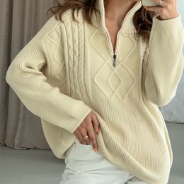 Women's Knits Tees Women's Oversized Cable-knit Sweater Thick Warm Knitted Pullover Solid Long Sleeve Turtleneck Zip Up Winter Coat 220915